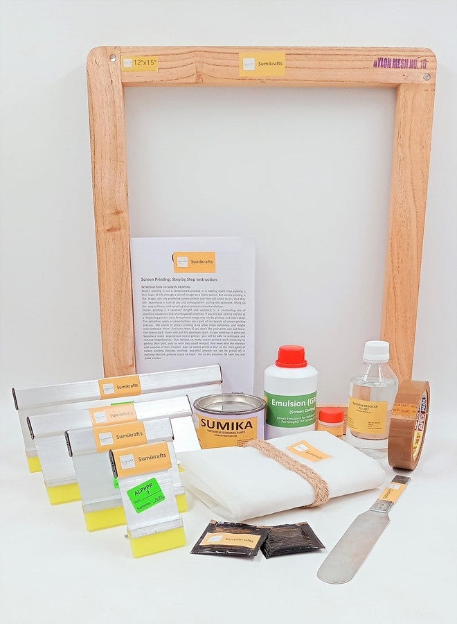 sumikrafts Screen Printing kit: Screen Printing Wooden Frame Large Size 12 inch x15 inch with pre Stretched mesh no 16+sumika Black vinysheen Ink 250gm for Graphic Arts Screen Printing - Image 1